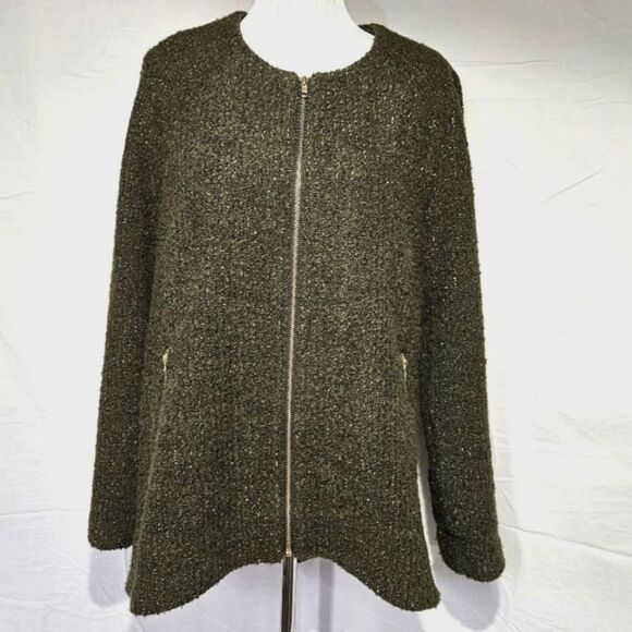 Sara Campbell Olive Green & Gold Metallic Wool Blend Zip Front Knit Sweater Coat - Picture 1 of 11